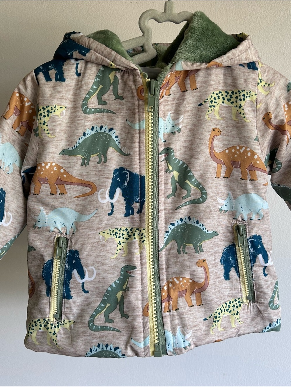 Kids Dino Print Spring/Fall Jacket - Green Hooded Coat (6-12m)